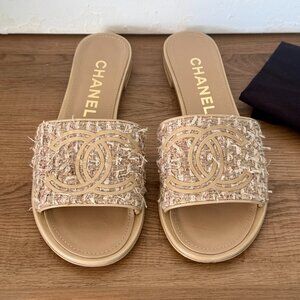 Authentic Chanel Tweed Slides Beige Gold CC Logo Sandals